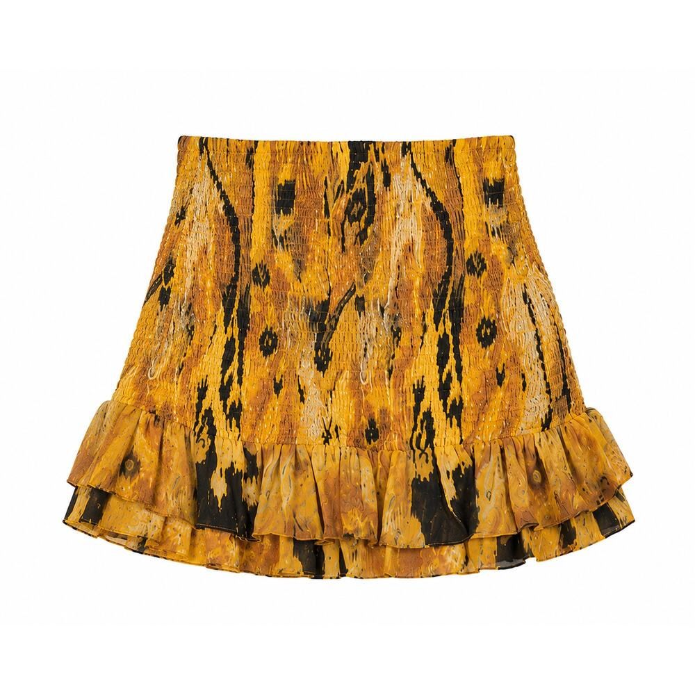 Sundays Andie Smocked Mini Skirt Yellow Abstract Print Ruffle Hem M NWT Festival - Picture 4 of 8